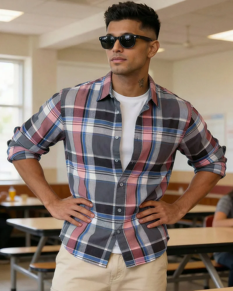 bewakoof Men's Grey & Peach Checked Shirts